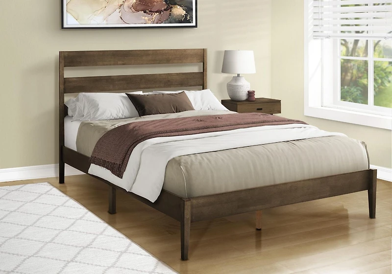 Monarch Specialties Lit, Grand, Cadre Seulement, Lit À Plateforme, Chambre À Coucher, Cadre En Bois Gris, Pieds En Bois Massif Gris, Contemporain