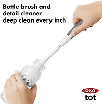 OXO Tot - On-the-Go Drying Rack with Bottle Brush - All-in-One Portable Solution for Cleaning and Drying Baby Bottles, Pump Parts and More - Grey