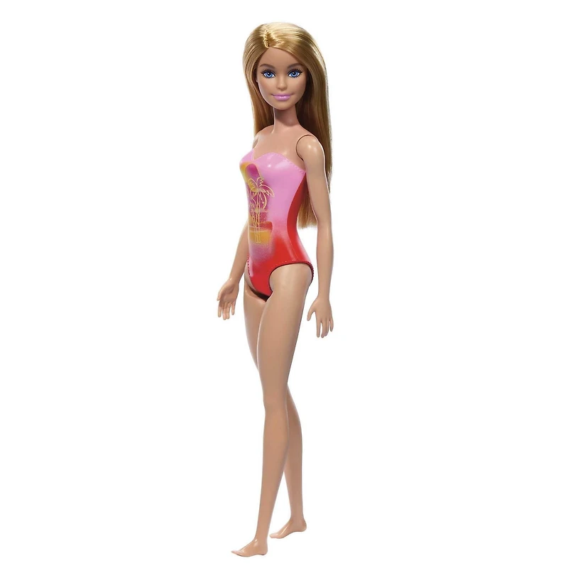 Beach Barbie Doll with Blond Hair Wearing Pink Palm Tree-Print Swimsuit