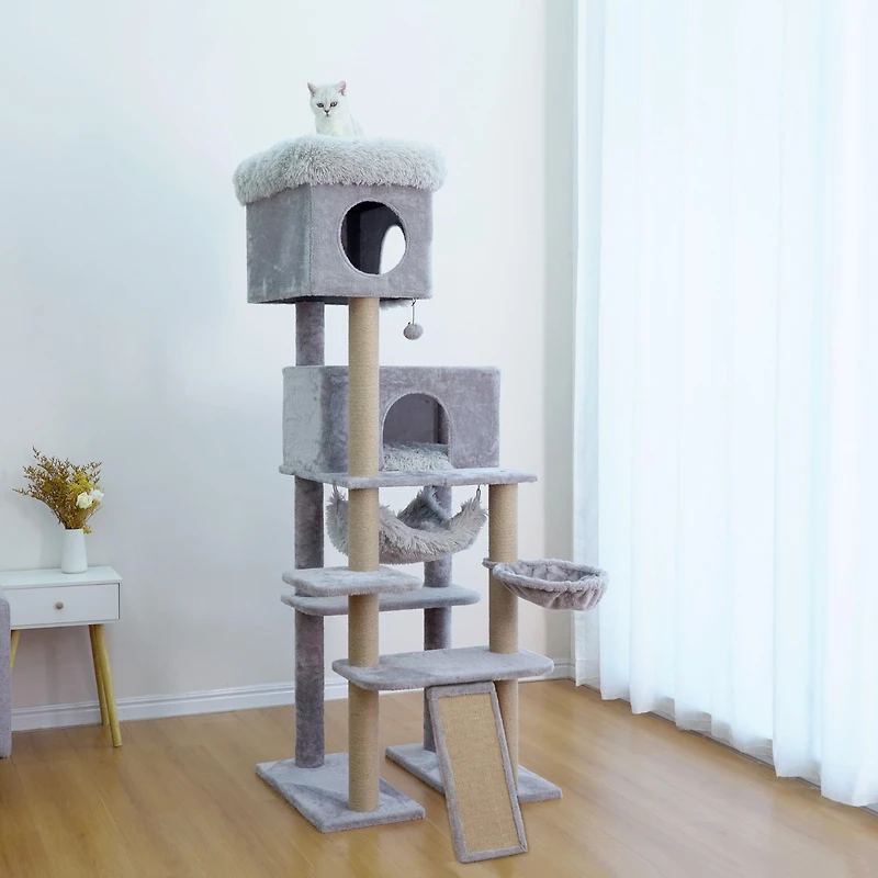 Extra Large Cat Tree for Big Cats & Multi-Cat Homes – Spacious Condos, Oversized Perches, Heavy-Duty Scratching Posts, 71.9" Tall, Grey