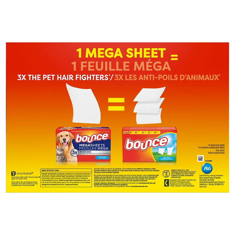 Bounce Pet Hair and Lint Guard Mega Dryer Sheets with Hair Fighters, Fresh Scent 180CT