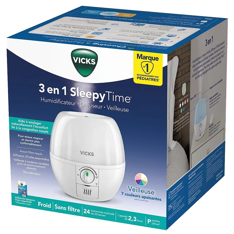 Vicks VUL500C 3-in-1 SleepyTimeᵀᴹ Ultrasonic Humidifier Diffuser Night-Light, 7 Night-Light Colours