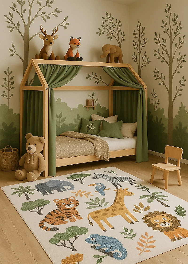 Rug Branch Soft Steps Playtime Cartoon Animals, Tapis d'apprentissage educatif doux, blanc beige - Garcons et filles dans la salle de jeux, la creche, la chambre a coucher