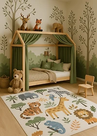 Rug Branch Soft Steps Playtime Cartoon Animals, Tapis d'apprentissage educatif doux, blanc beige - Garcons et filles dans la salle de jeux, la creche, la chambre a coucher