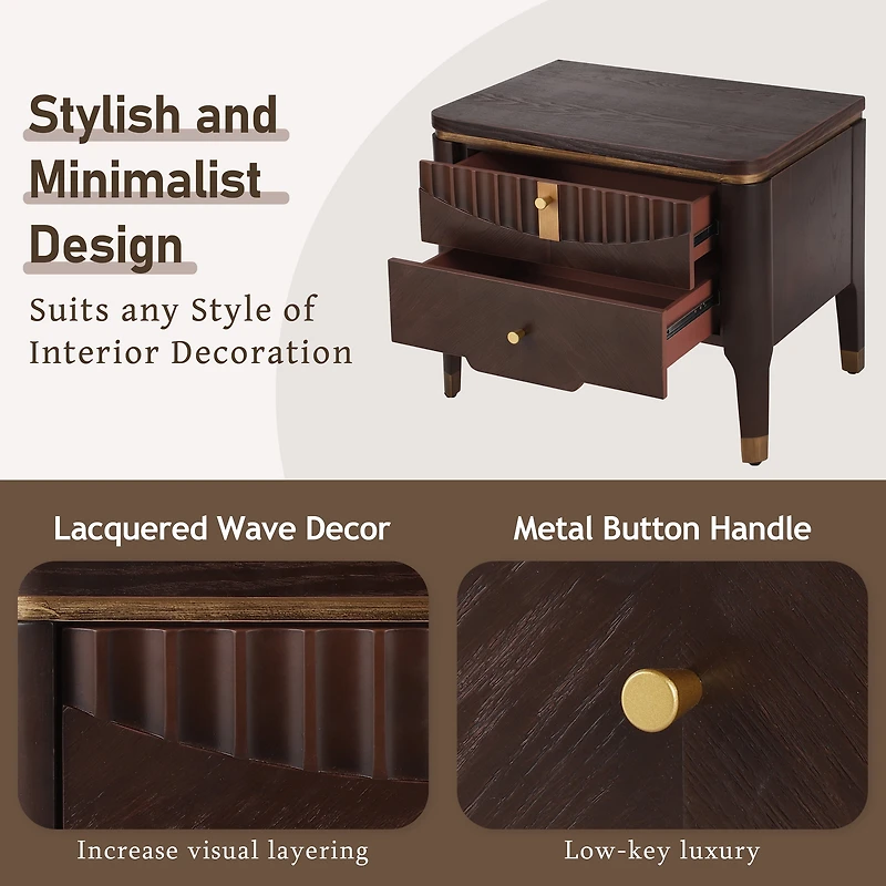 Noble House Modern Nightstand with 2 Drawers, Wave Design Bedside Table with Metal Handles,Dark Brown