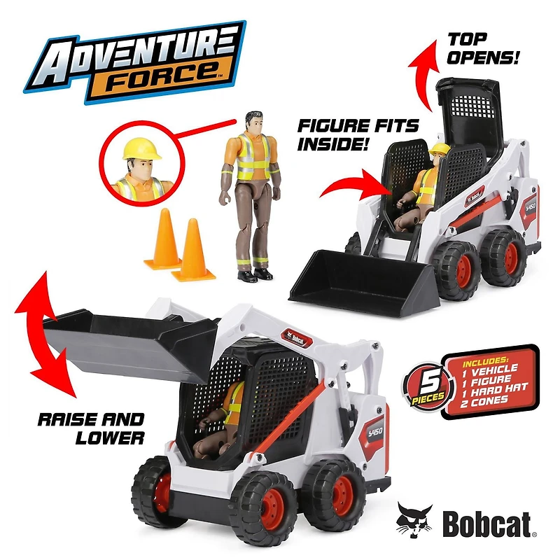 Ensemble de jeu Chargeur Bobcat roue libre Adventure Force avec figurine articulée et accessoires (5 pièces)