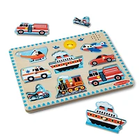 Melissa & Doug Vehicles Sound Puzzle - Wooden Peg Puzzle With Light-Activated Sound Effects (8 pcs), Wooden Peg Puzzle