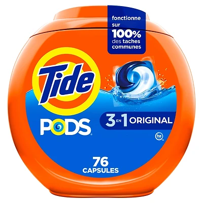 Détergent à lessive Tide PODS, détachant, éliminateur d’odeurs et protège-couleur 3 en de savon à lessive concentré, parfum Original