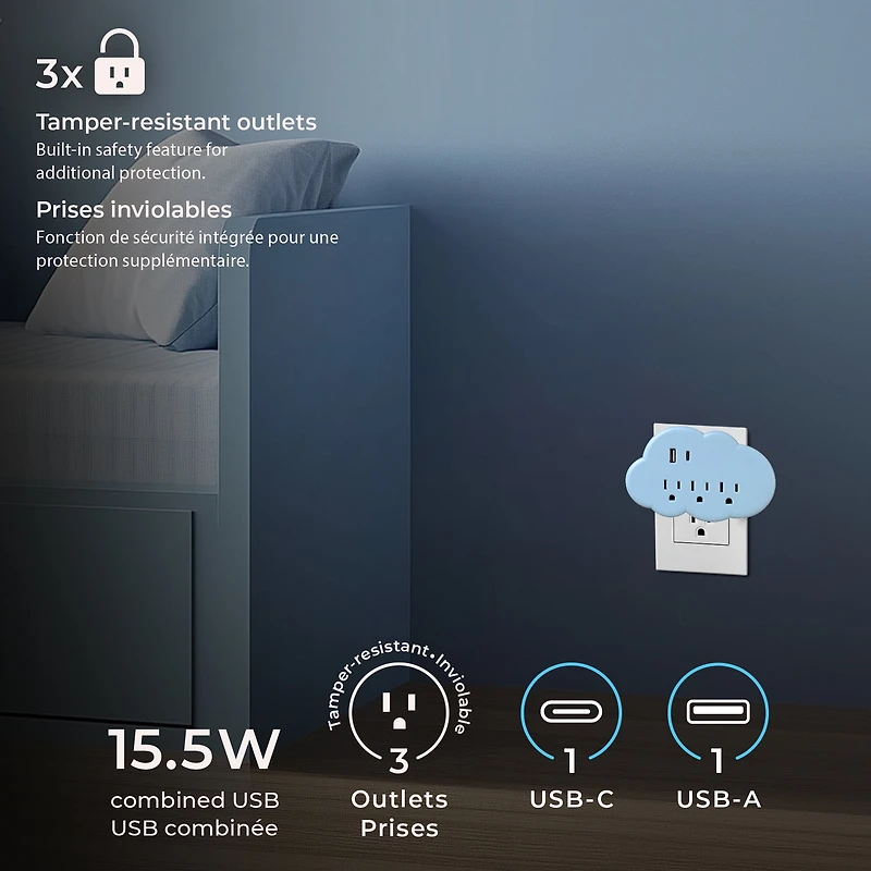 Globe Electric 3-Outlet Blue Cloud Indoor Wall Charger Charging Adapter with 1x USB-A 1x USB-C (15.5 combined)