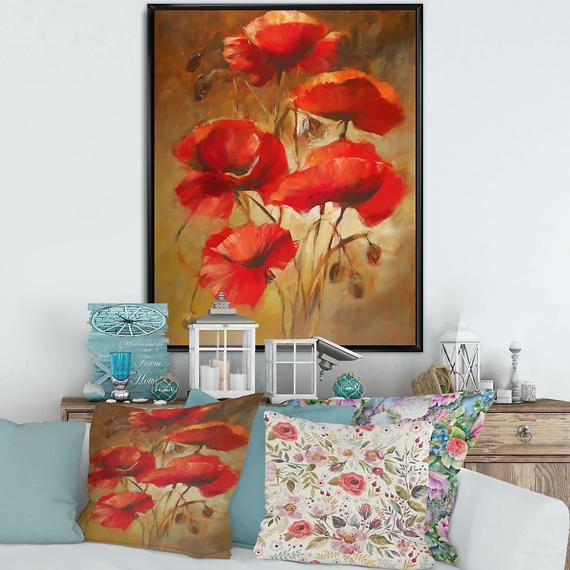 Designart Red Blossoming Poppies IV FLOAT FRAME WALL ART