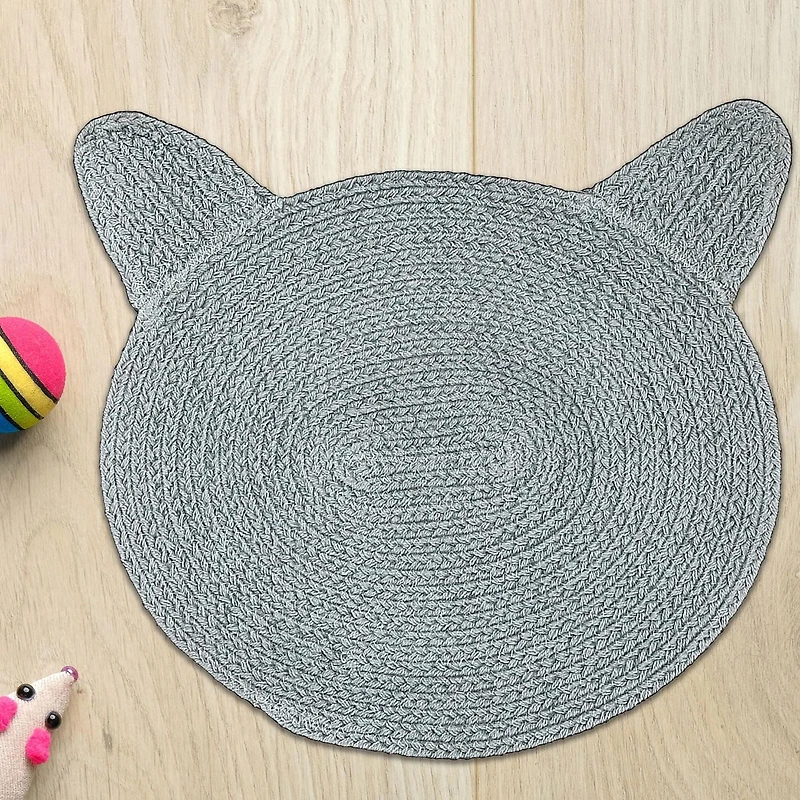 IH Casa Decor Braided Cotton Cat Shape Mat Light Gray