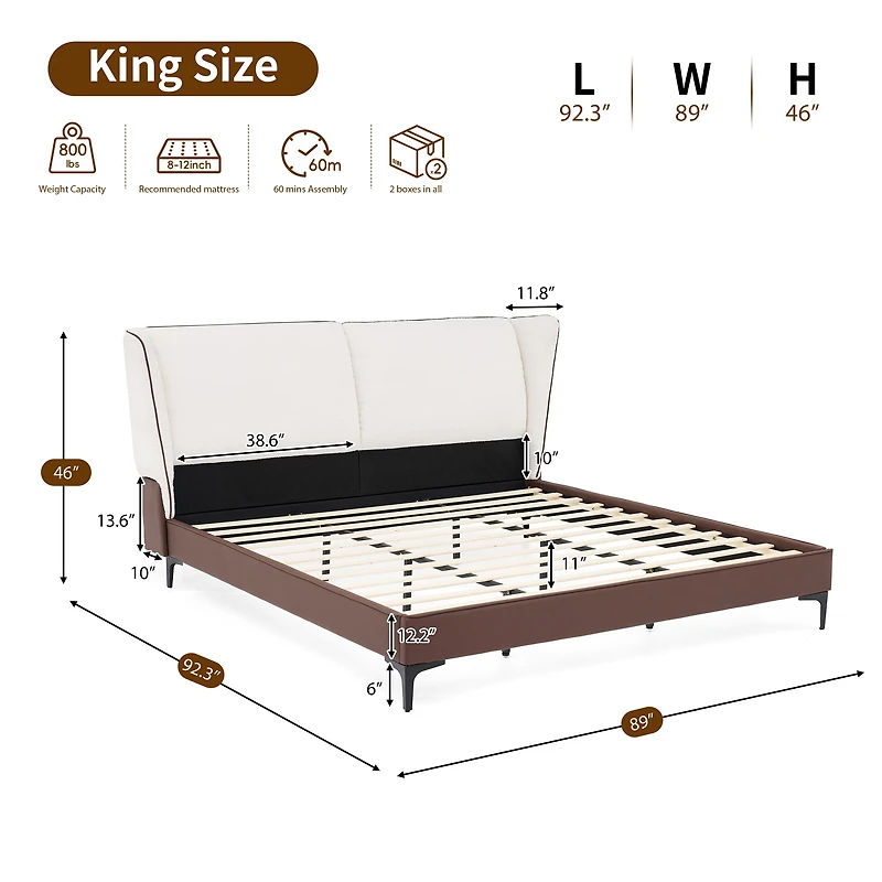 Noble House Teddy Fleece Upholstered Platform King Bed with Wingback Headboard, No Box Spring Needed,White