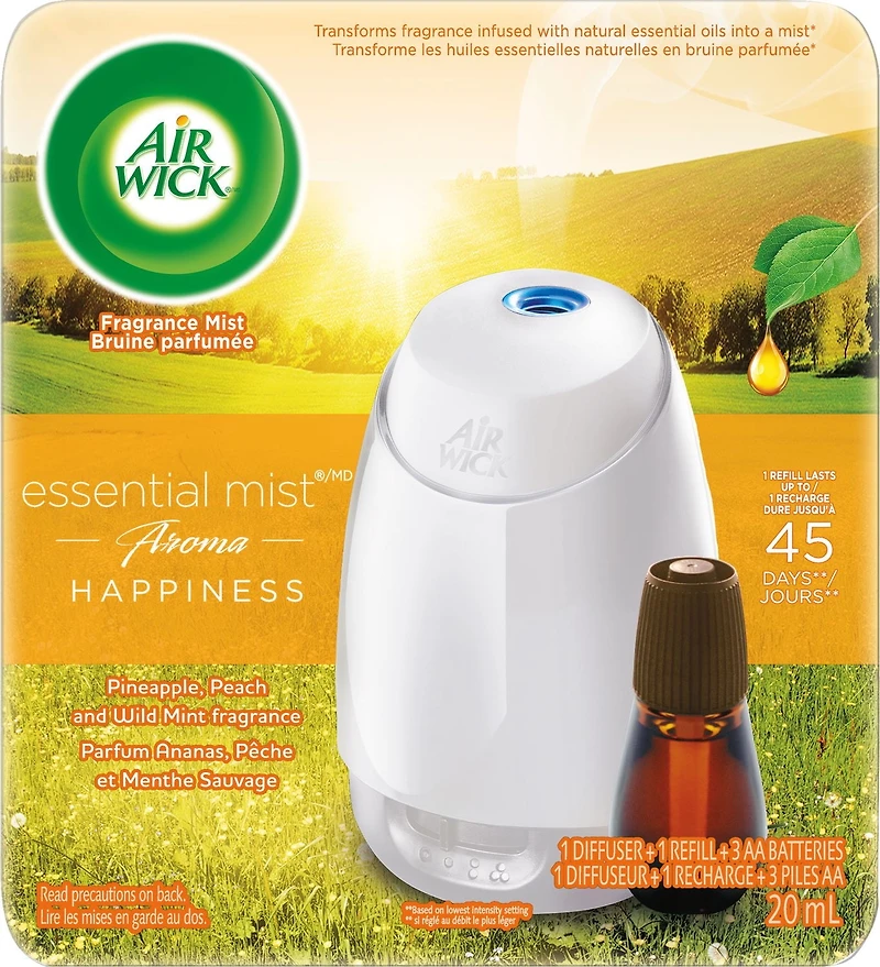 Air Wick Essential Mist Aroma Fragrance Oil Diffuser, Happiness, 1 diffuseur + 1 recharge, assainisseur d'air 1 unité