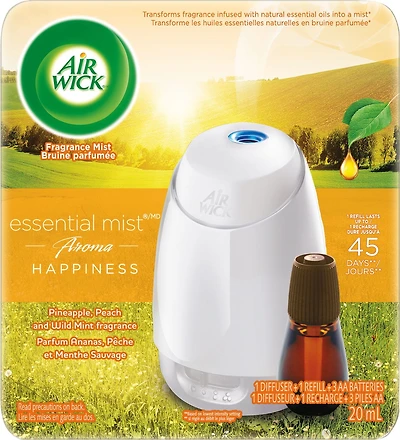 Air Wick Essential Mist Aroma Fragrance Oil Diffuser, Happiness, 1 diffuseur + 1 recharge, assainisseur d'air 1 unité