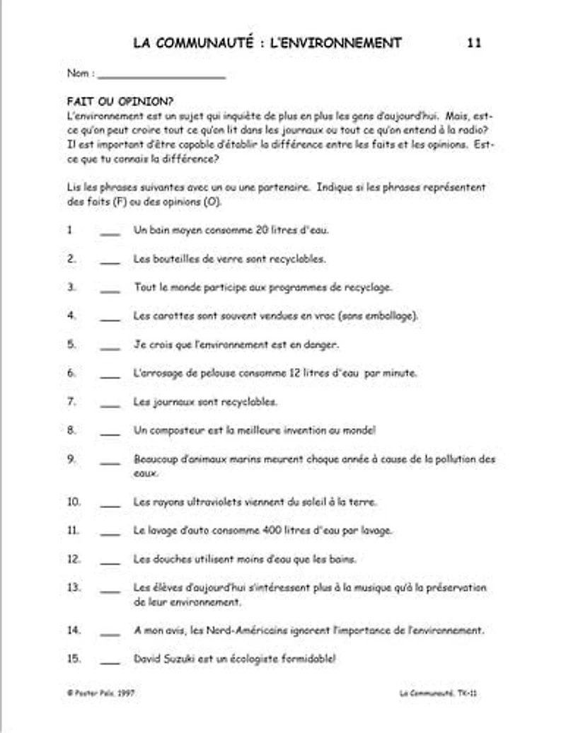 Activités reproductibles en français pour la classe de FLS sur la communauté