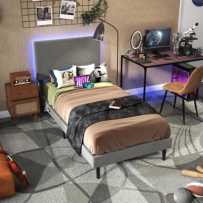 Homy Casa Twin Upholstered Bed with LED Light, USB Ports and Padded Headboard for Kids Bedroom, Grey