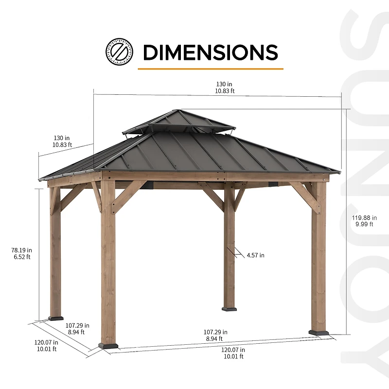 Sunjoy Gazebo en Bois d'Extérieur 11 x 11 Pieds avec Cadre en Cèdre, Toit Métallique à Deux Niveaux et Crochet au Plafond pour Terrasses, Jardins et Pelouses, Marron