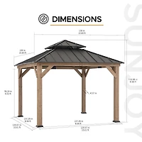 Sunjoy Gazebo en Bois d'Extérieur 11 x 11 Pieds avec Cadre en Cèdre, Toit Métallique à Deux Niveaux et Crochet au Plafond pour Terrasses, Jardins et Pelouses, Marron