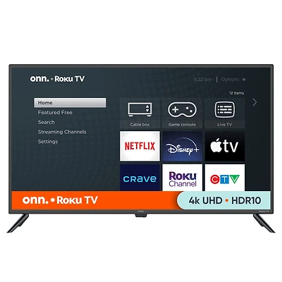 onn. 43" 4K UHD HDR Roku Smart TV (Model 100012584-CA-Black), 3 HDMI, 60 Hz