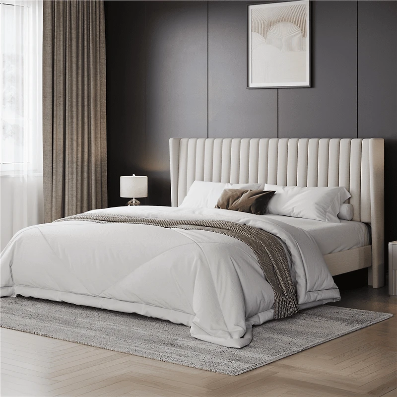 Fullfurnique Upholstered Bed Frame with Wing Side and Channel Headboard, King, Ivory