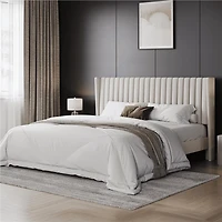 Fullfurnique Upholstered Bed Frame with Wing Side and Channel Headboard, King, Ivory