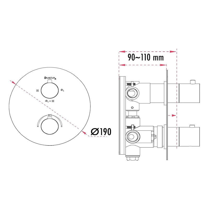 Round 3-functions thermostatic valve, handheld shower 10 settings, bath spout or simultaneously, chrome finish