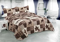 Marina Decoration Rich Printed Embossed Pinsonic Coverlet Bedspread Ultra Soft Bedding Summer Quilt Set with Shams, Brown Cabin Maple Deer Plaid Pattern