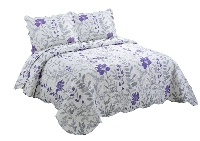 Marina Decoration Rich Printed Stitching Coverlet Bedspread Ultra Soft Summer Bedding Quilt Set with Quilted Sham, Modern Purple Floral Pattern