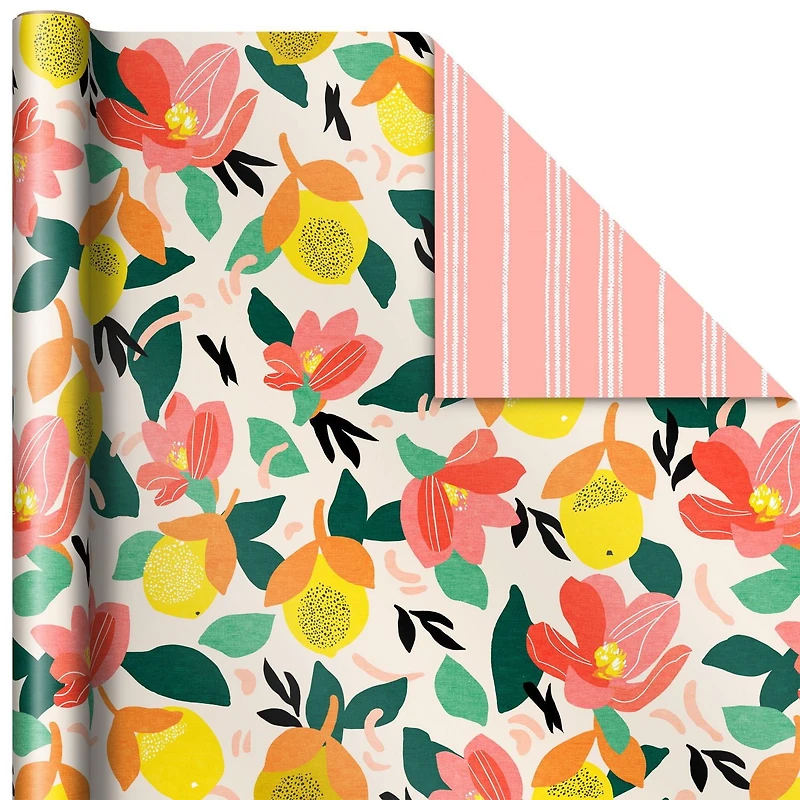 Papier d'emballage réversible, Hallmark (3 rouleaux – 75 pieds carrés au total), motifs floraux et abstraits, motif de citrons.