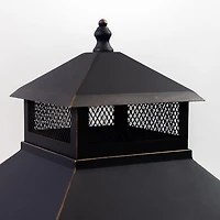 Deko Living 26" Square Outdoor Steel Wood Burning Fireplace with Cast Iron Cooking Grill, Log Storage and Poker