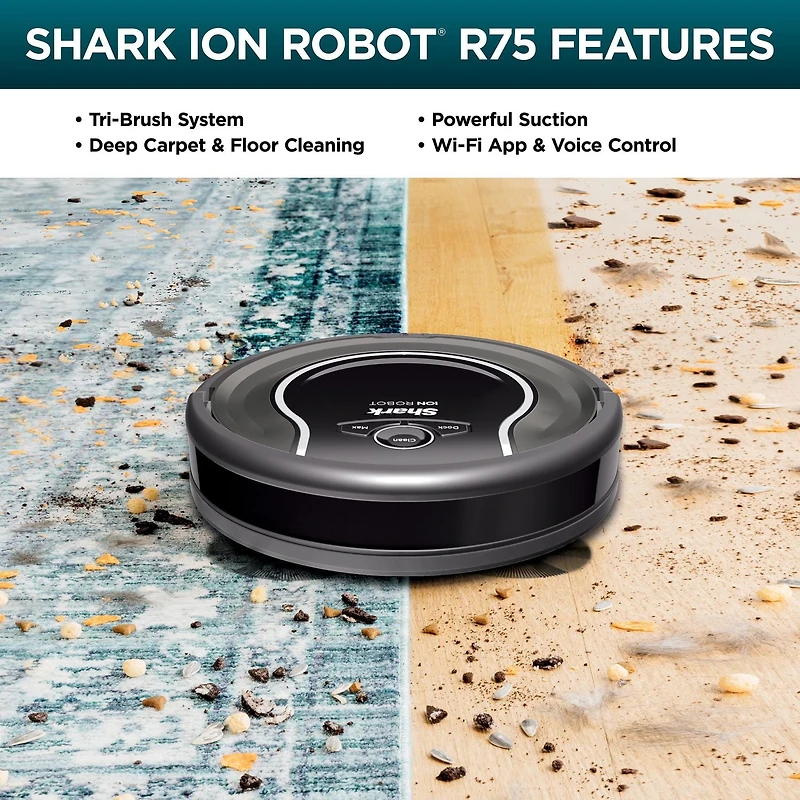 Shark RV750CA, Aspirateur ION Robot a connectivité Wi-Fi et commande vocale, Noir, 35W