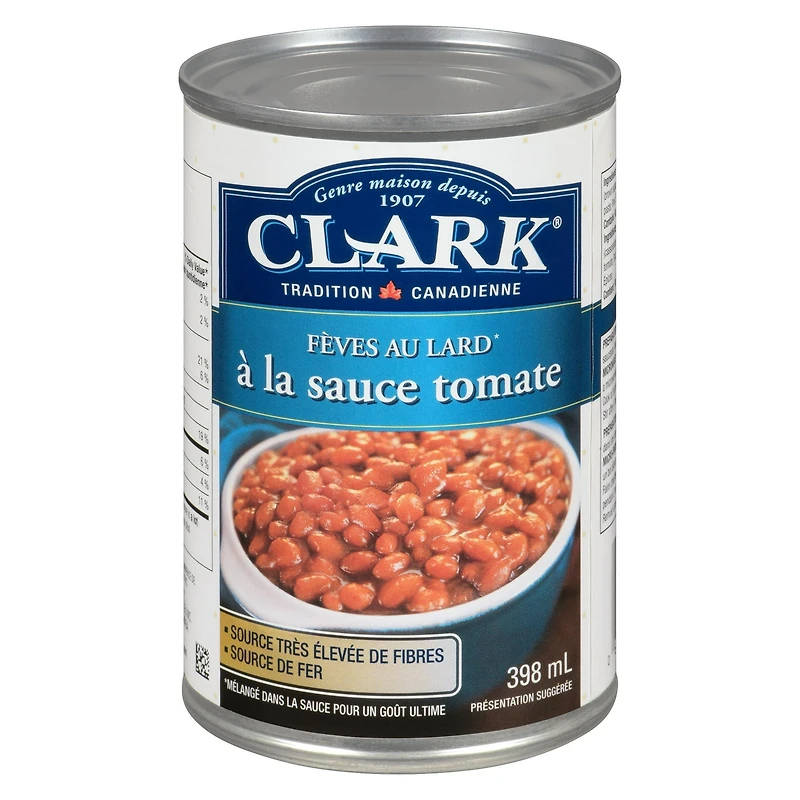 Clark Fèves au lard à la sauce tomate Un tantinet plus costaudes que nos fèves Clark à la sauce tomate, les fèves au lard à la sauce tomate de Clark sont préparées à même cette onctueuse sauce tomate sucrée acidulée. Et, tradition oblige, nous y ajoutons du bon lard bien de chez nous… histoire de leur donner encore plus de goût!