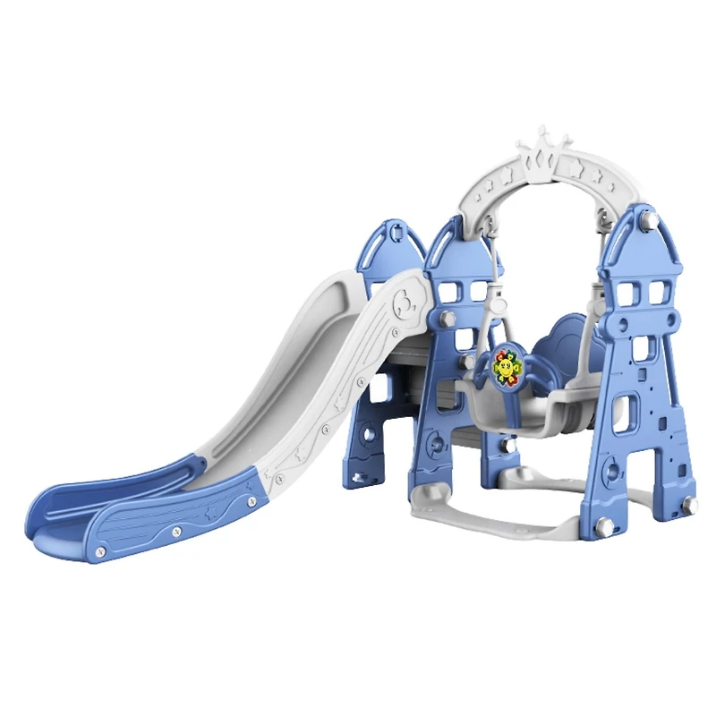 KidsVIP Ensemble de jeu de luxe 5 en 1 Castle Edition pour tout-petits et toboggan pour bébé avec marche complète, balançoire et filet de basket-ball - Bleu