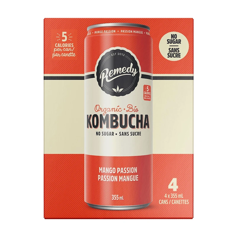 Remedy Kombucha biologique sans sucre mangue passion 4PK 4x355 ML