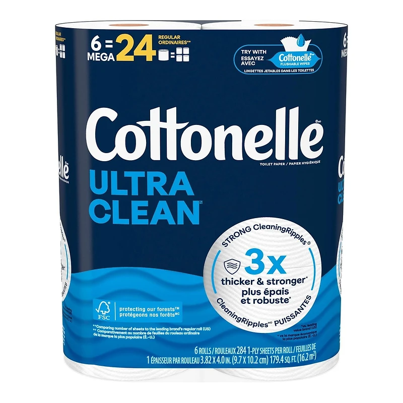 Cottonelle Ultra Clean Toilet Paper, Strong Toilet Tissue, 6 Mega Rolls (6 Mega Rolls = 24 Regular Rolls), 284 Sheets per Roll