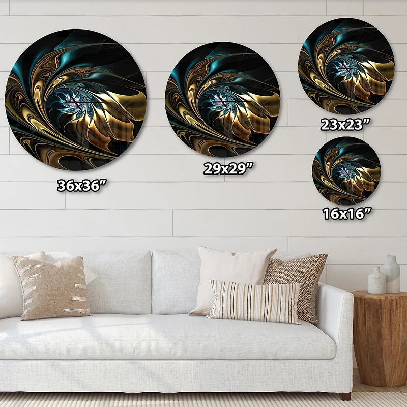 Designart 'Brown Blue Fractal Flower in Black ' Modern wall clock