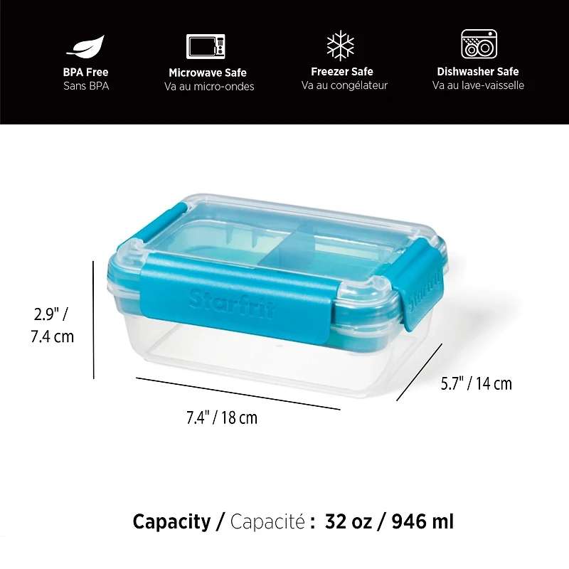 Starfrit Easy Lunch Rectangular Bento Container - Removable Tray - 32oz/946ml - Airtight & Leakproof - 4-Sided Locking Lid