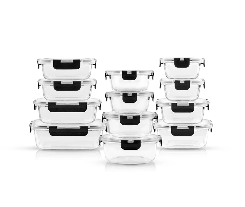 JoyFul by JoyJolt 24 Piece Glass Storage Containers with Leakproof Lids Set - Black