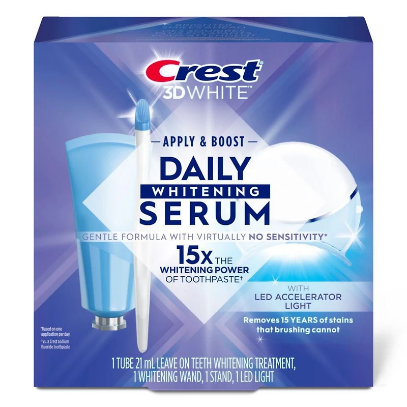 Crest 3DWhite Daily Whitening Serum with LED Light, Leave-on Teeth Whitening Treatment, 21ML