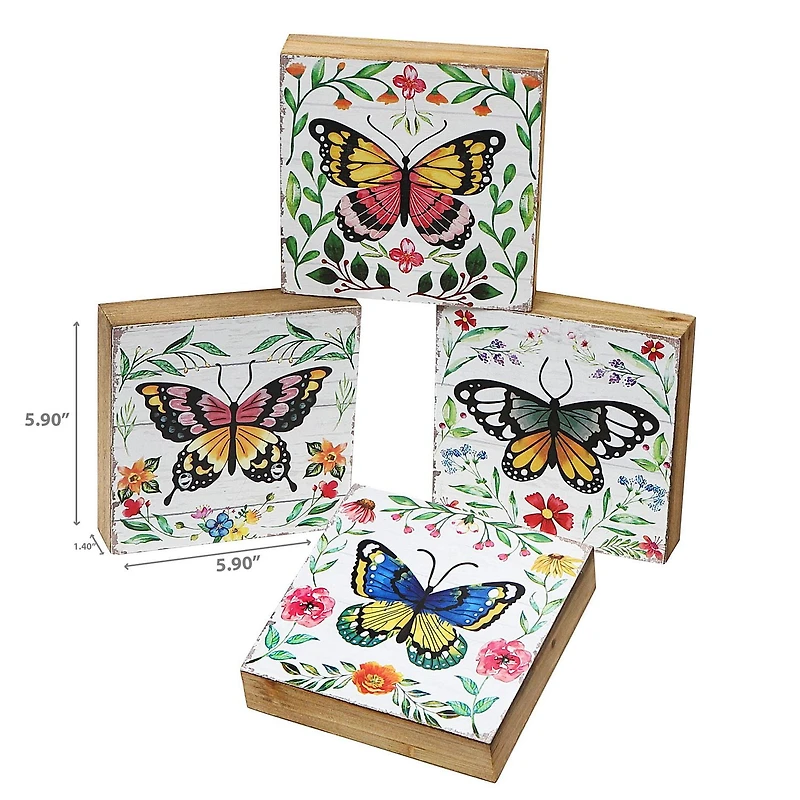 IH Casa Decor Carré En Bois Blocks Papillon Asstd - Ensemble De 4