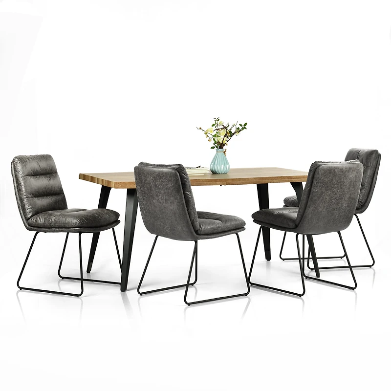 Homy Casa 63 inch 5-Piece Dining Set, Faux Walnut Live Edge Table Grey Faux Leather Upholstered Side Chairs