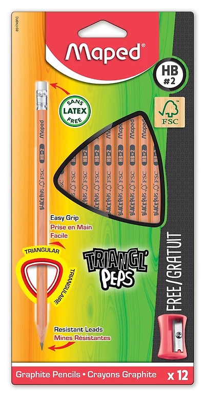 Maped FSC triangular HB pencils with eraser end x12 + one 1 hole sharpener