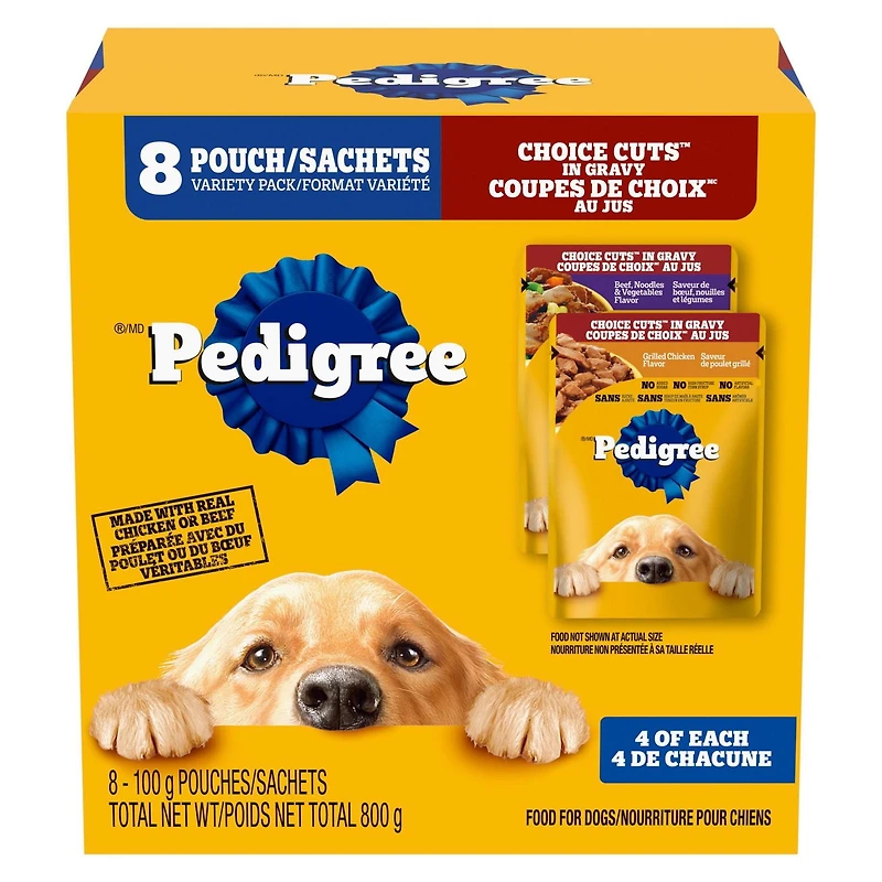 Nourriture humide pour chiens adultes PEDIGREE COUPES DE CHOIX AU JUS saveur de bœuf, nouilles et légumes et saveur de poulet grillé en format variété 8 x 100 g