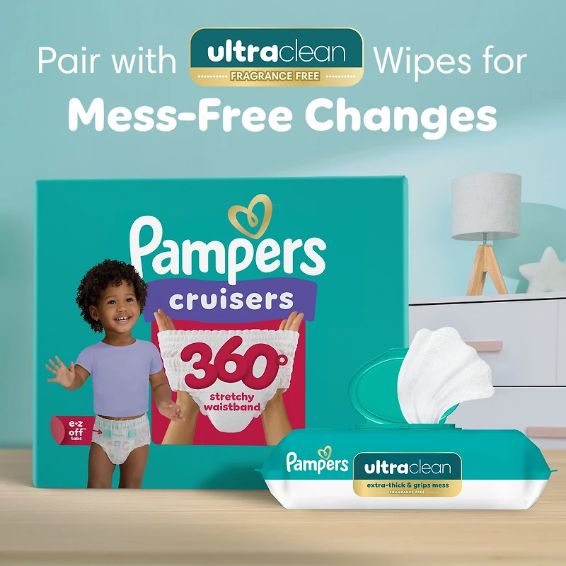 Couches Pampers Cruisers 360°, ajustement jusqu’à 100 % sans fuites, conçues pour les bébés actifs, couche à enfiler, rabats rapides conçus pour faciliter les changements, taille 4, 21 unités