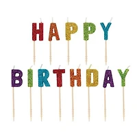 Rainbow Glitter "Happy Birthday" Letter Pick Birthday Candles, Each letter measures approximately 0.5" x 0.25" x 2.5" (W x D x H)