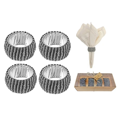 Bague De Serviette En Perle 4Pc Avec Boîte D'Artisanat Noire Et Argent