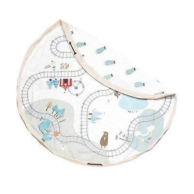 Play & Go - Train Track Adventure - 3-in-1 Play Mat - Storage Bag & Diaper Bag - Double-sided with Happy Bear Icons - Fun & Interactive for Kids - 140 cm Diameter - Suitable for Newborn to Toddler - E
