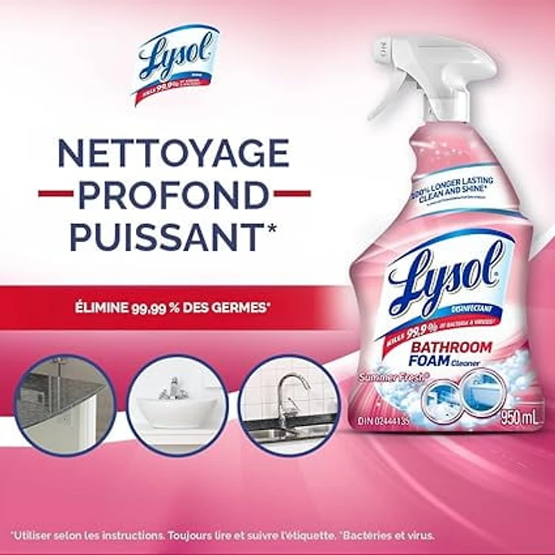 Spray nettoyant pour salle de bain Lysol, Mousse de salle de bain, Fraîcheur d'été, élimine les résidus de savon 950 ml