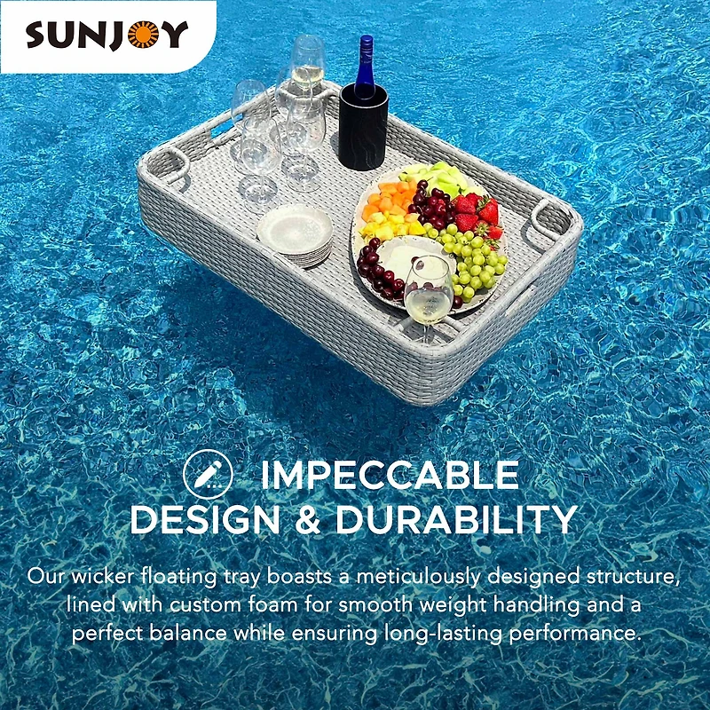 Sunjoy Wicker Floating Pool Tray 36''x24'',Aluminum Frame Pool Accessory Tray for Drinks, Snacks, and Essentials,Grey