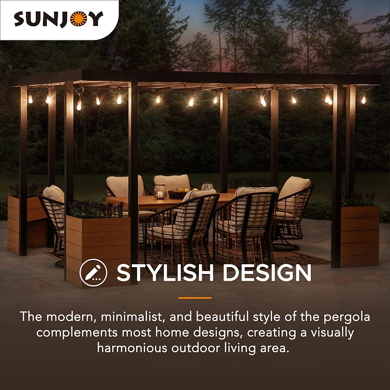 Sunjoy Pergola d'extérieur 10 x 12 pi avec cadre en acier noir et jardinières